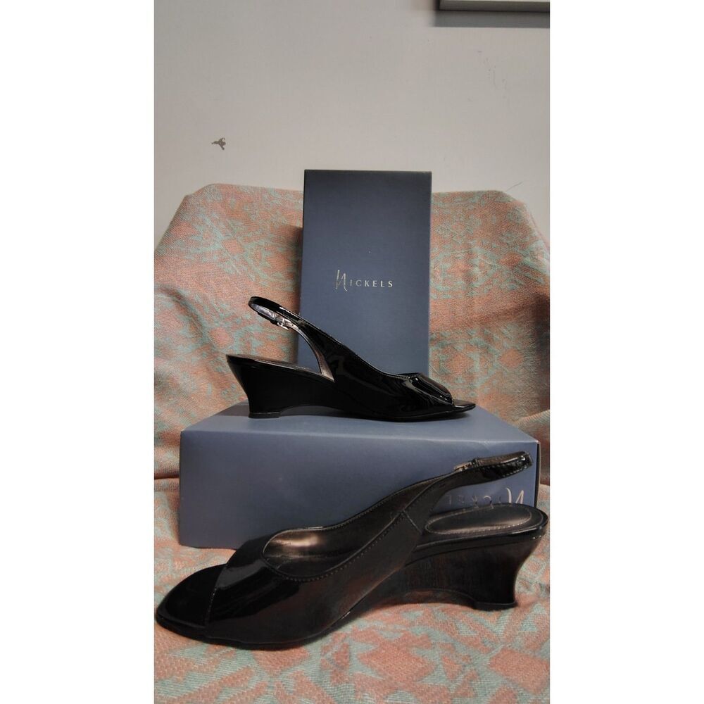 Nickels Women's 9M‎ Open Toe Tori Black Leather Strappy Sling Back Wedge